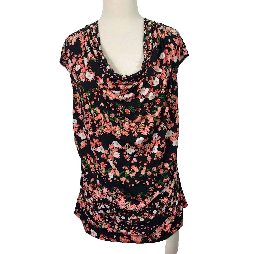 Worthington Womens Black Floral Drape Cowl Neck Plus Size 1X Sleeveless Blouse